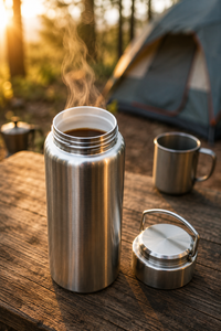 Botella con café caliente humeante en una mesa de camping, interior cerámico visible