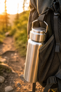 Botella colgada de la mochila en un sendero de montaña