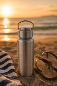Botella en la playa al atardecer con gotas de condensación