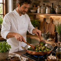 Cocinero salteando brócoli con utensilios de teca