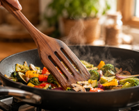 Espátula de teca removiendo verduras salteadas con vapor