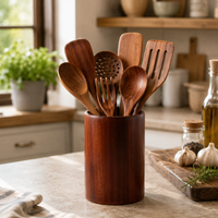 Portautensilios de teca de regalo con los utensilios puestos, cocina luminosa